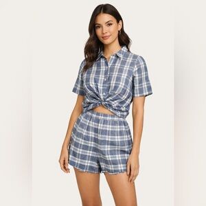 BCBGeneration Plaid Cotton Linen Matching Set Shirt & Shorts XS/S Fishermen